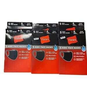 6 Packs Of 5 Hanes Kids 100% Cotton Fabric Reusable Face Mask Washable Black